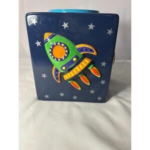 Rocket-Themed Tissue Holder Blue 3D Space Star Kids Room Decor 6" Tall